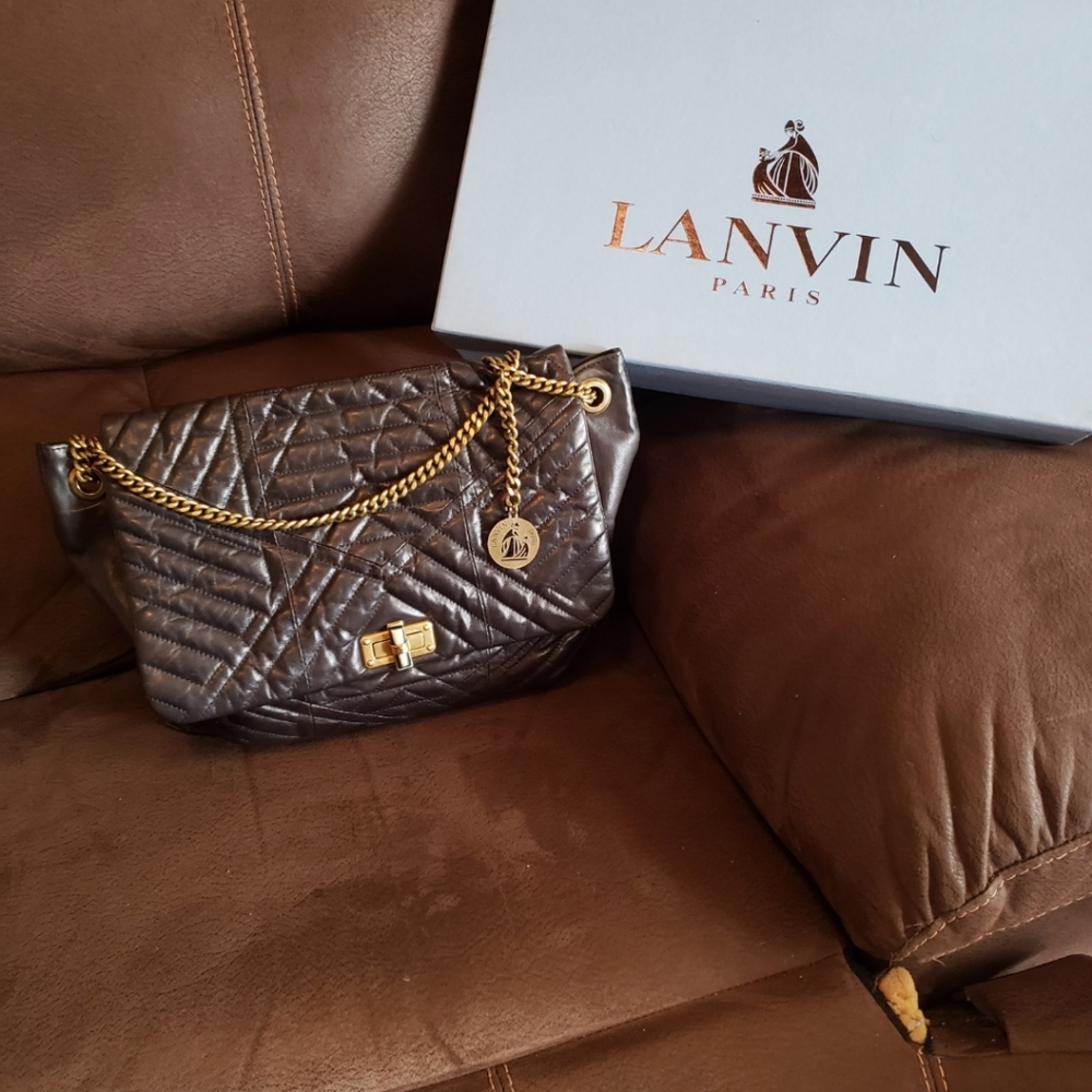 LANVIN Large Black Happy Bag with Chain and Brass Hardware Handbag Purse